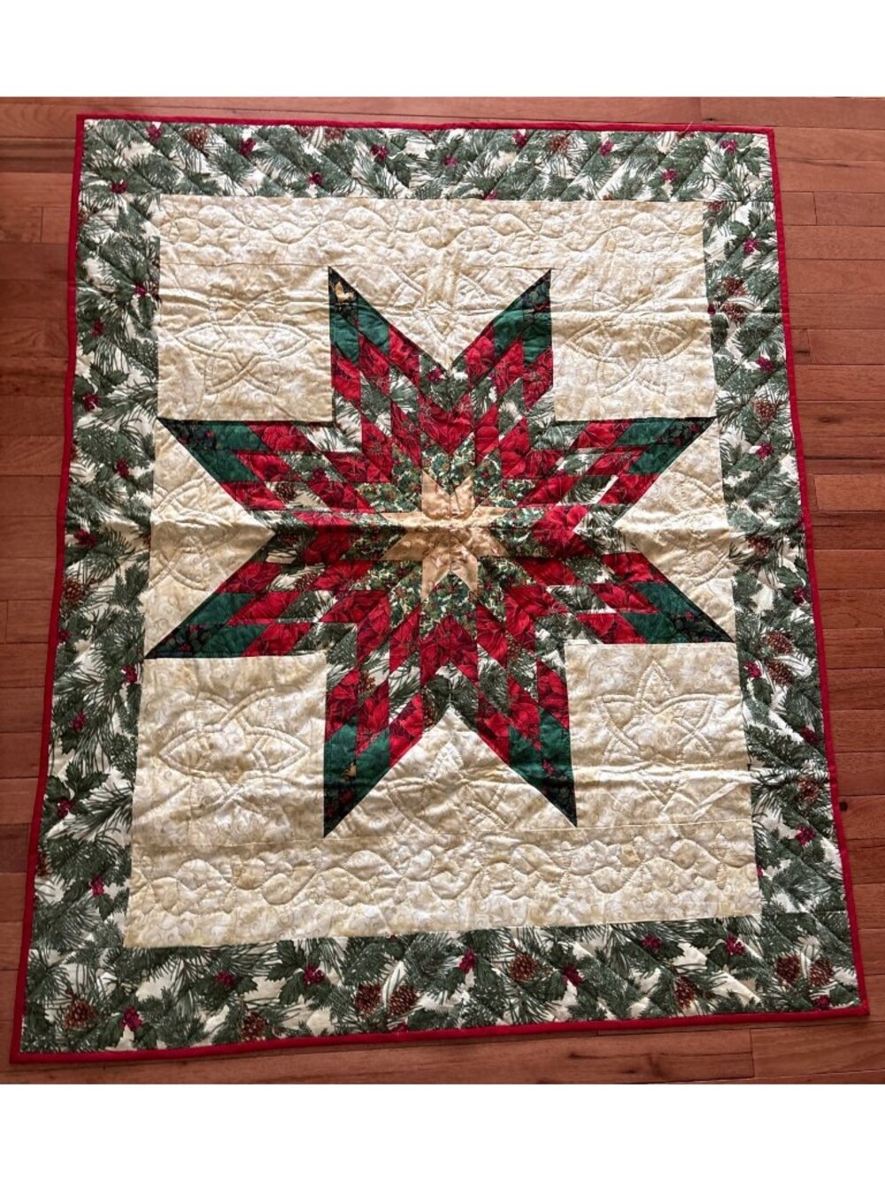 Handmade Christmas Star 51" x 42" Wall Hanging Quilted Pinecone Poinsettia Patte